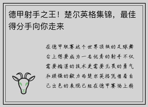 德甲射手之王！楚尔英格集锦，最佳得分手向你走来