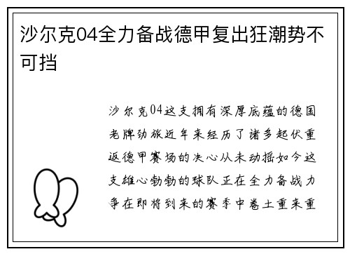 沙尔克04全力备战德甲复出狂潮势不可挡