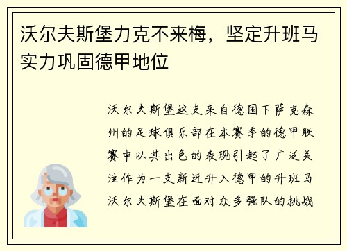 沃尔夫斯堡力克不来梅，坚定升班马实力巩固德甲地位